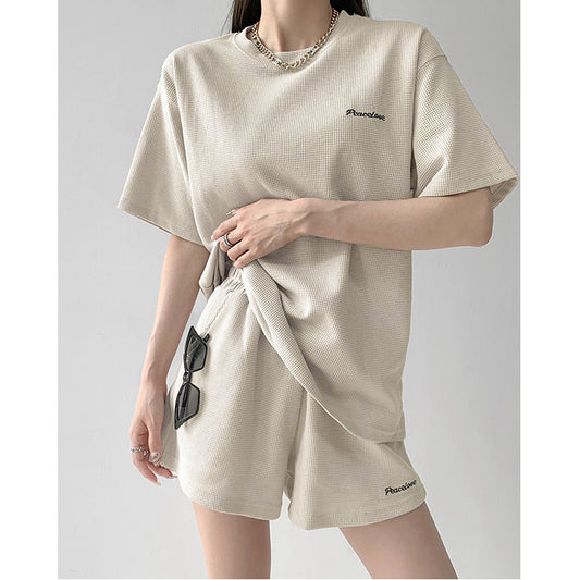 Loose Waffle T-Shirt Elastic Wide Leg Shorts Set