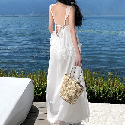 Ruffled Backless Holiday Long White Dress