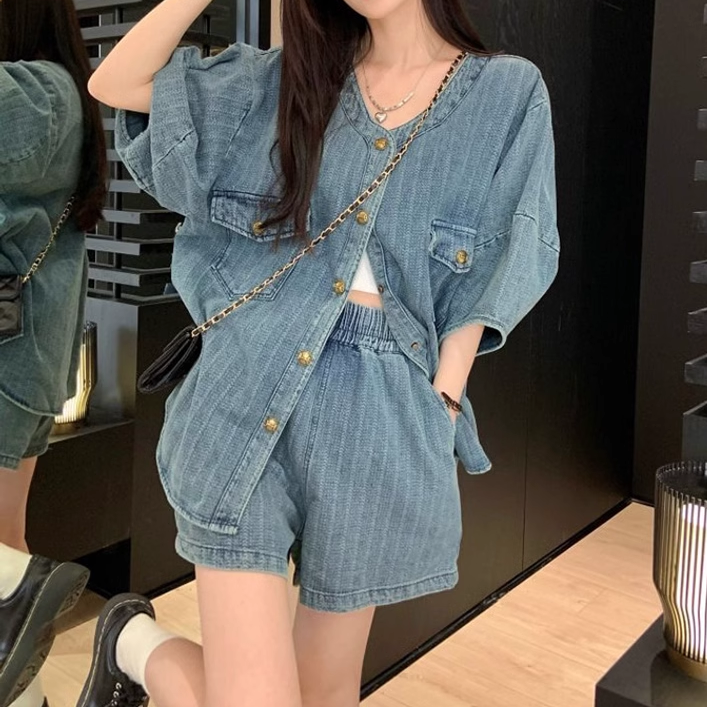 Loose V-Neck Denim Top Wide-Leg Shorts Set