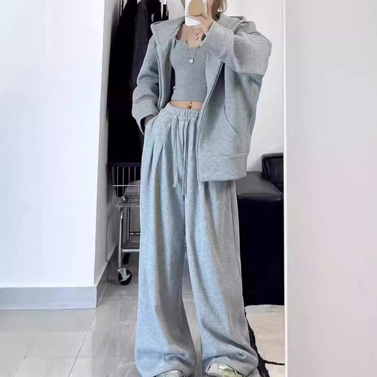 Hooded Zipper Hooded Wide-Leg Trousers Sports Set