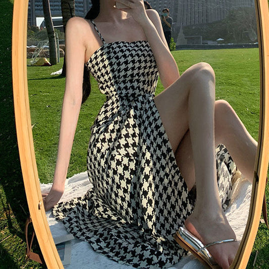 Houndstooth Slit Waist Slit Holiday Slip Dress