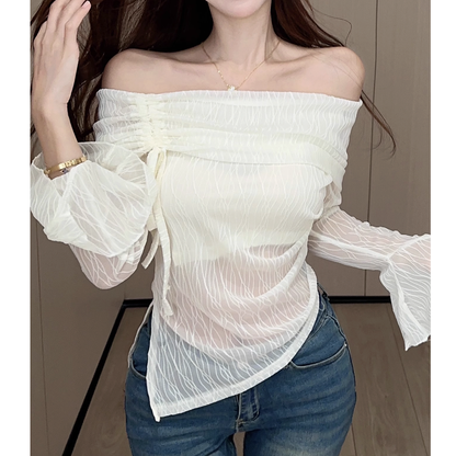 Off-Shoulder Drawstring Irregular Slim Fit T-Shirt