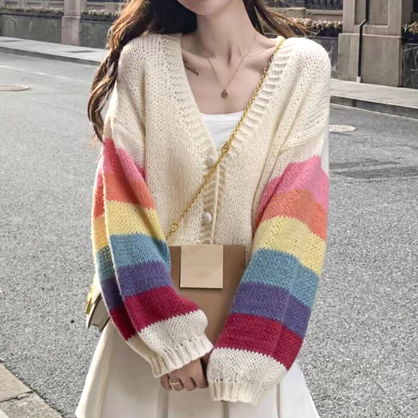 Rainbow Long Sleeve Loose V-Neck Knitted Cardigan