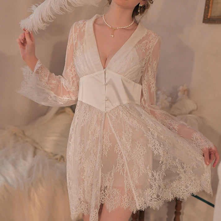 Solid Color Lace Low-Cut V-Neck Sexy Nightgown Set