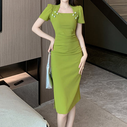 Retro Solid Color Cheongsam Square Neck Wrap Hip Dress