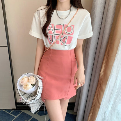 Letter Print T-Shirt Irregular High-Waist Skirt Set