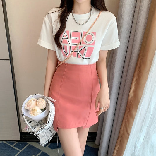 Letter Print T-Shirt Irregular High-Waist Skirt Set