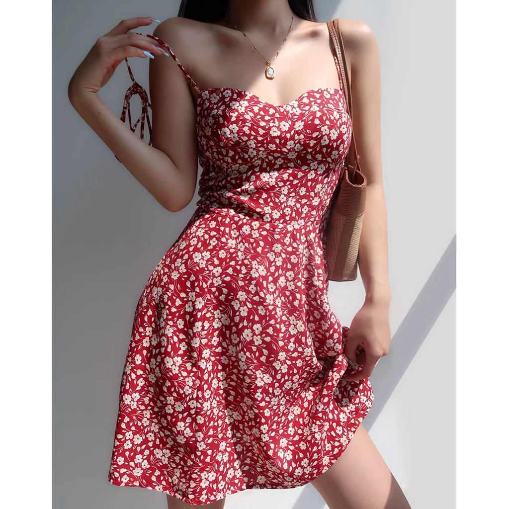 Backless Waist V-Neck Red Floral Suspender Dress