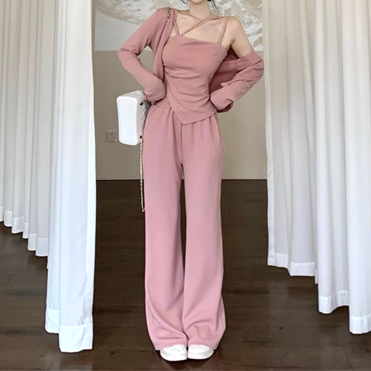 Irregular Camisole Cardigan Wide-Leg Pants Three-Piece Set