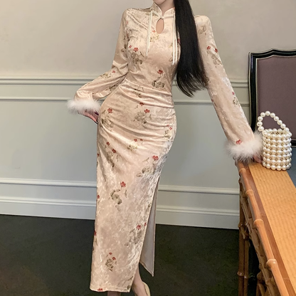 Furry Sleeve Floral Slit Slim Cheongsam Dress