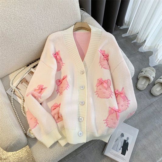 Embroidered Bow Cat V-Neck Knitted Cardigan