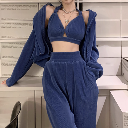 Halter Neck Vest Hooded Jacket Trousers Blue Set