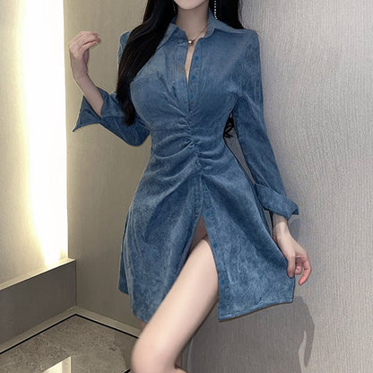 Split Pleated Irregular Waist Shirt Dress