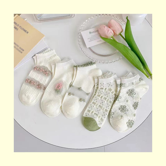 Lace Flower Mesh Breathable Short Socks Set