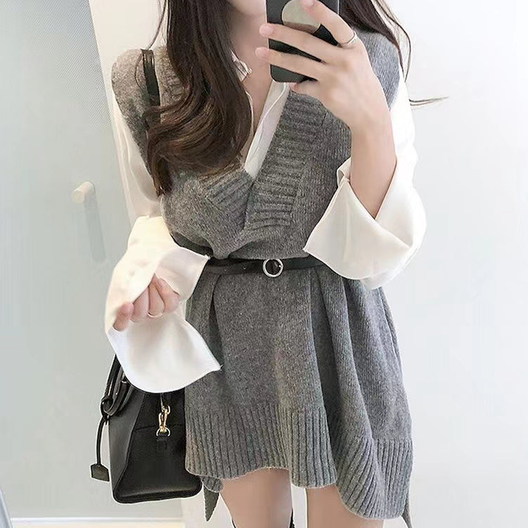 V Neck Loose Sleeveless Belt Knitted Sweater Vest