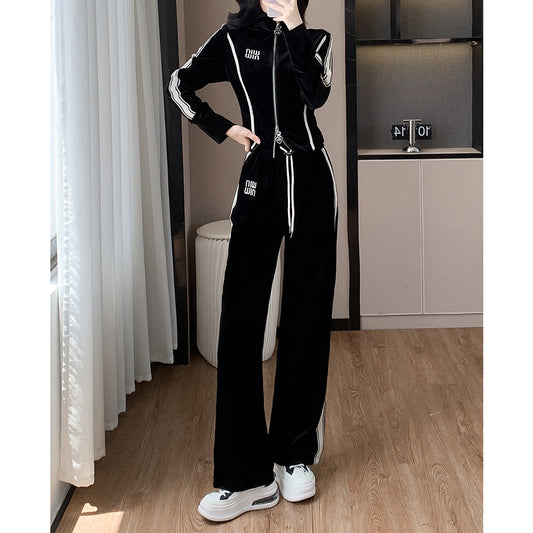 Velvet Casual Zipper Top Sports Wide-Leg Pants Set