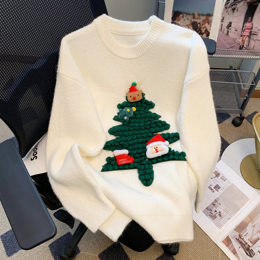 Christmas Tree Round Neck Loose Knit Sweater