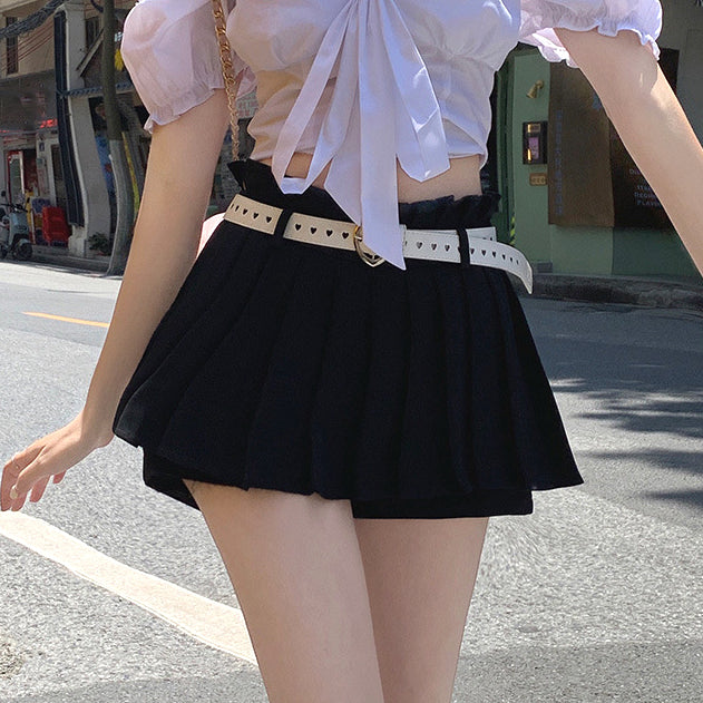 Solid Color Belt High Waist Slim Pleated Skirt