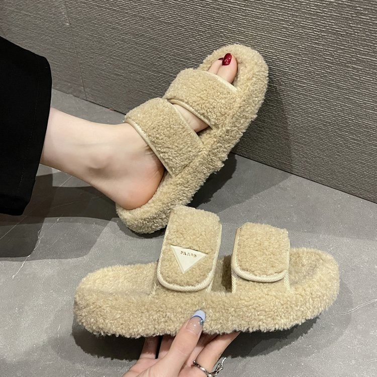 Flat Plush Solid Color Velcro Slippers