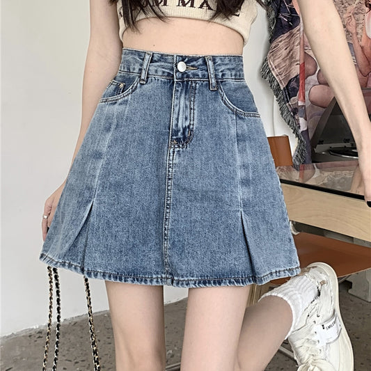 High Waist Slit A-Line Blue Denim Skirt