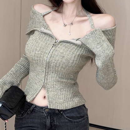 Double Zipper Slim Off-Shoulder Halter Neck Knit Top