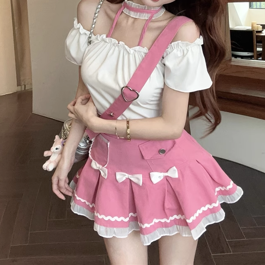 Puff Sleeve Ruffled Slim Top Bow Skirt Set