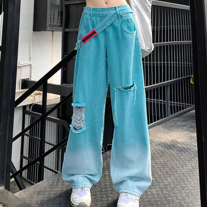 Blue Gradient Destroyed High Rise Relaxed Jeans