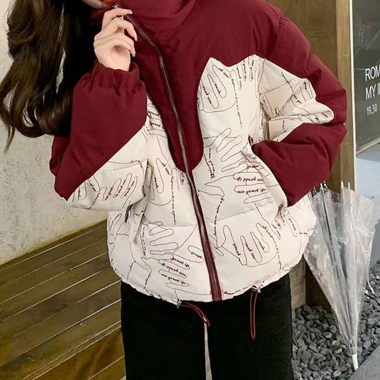 Short Color-Blocked Stand-Up Collar Down Jacket