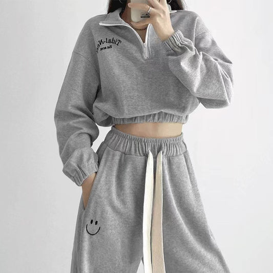 Zipper Cropped Sweatshirt Elastic Waist Pants Set