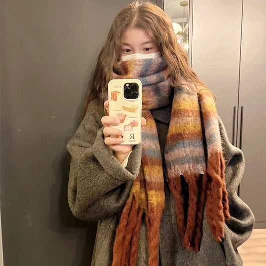 Tassel Contrast Striped Winter Warm Scarf