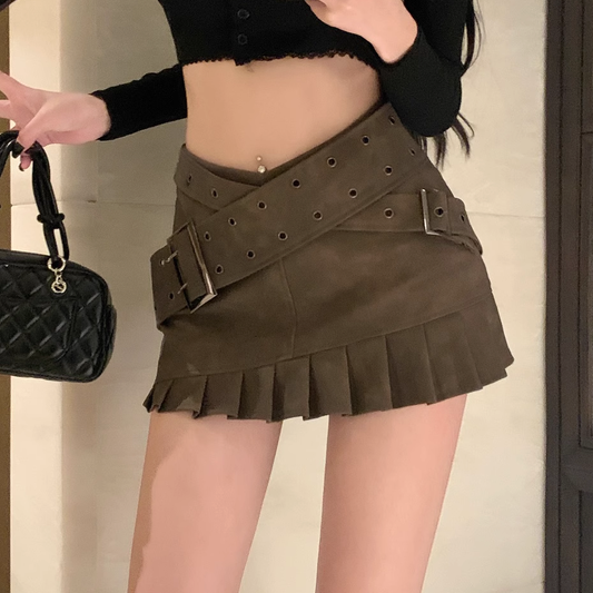 Irregular Low Waist Belt Slim A-Line Leather Skirt