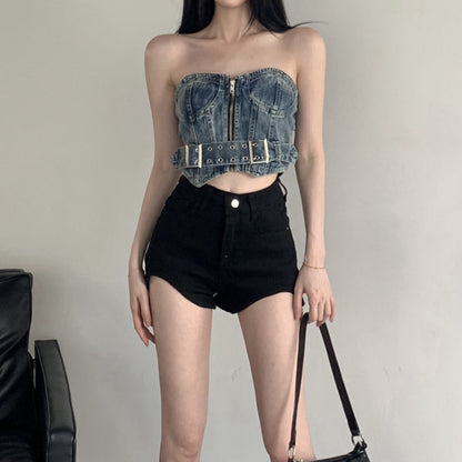 Retro Denim Tube Top Irregular High Waist Shorts