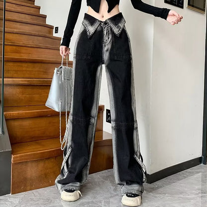 Retro Gradient Black Jeans Cuffed Wide Leg Trousers