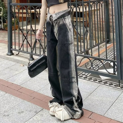 Retro Gradient Black Jeans Cuffed Wide Leg Trousers