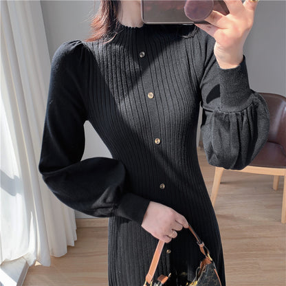 Half Turtleneck Lantern Sleeve Knit Dress