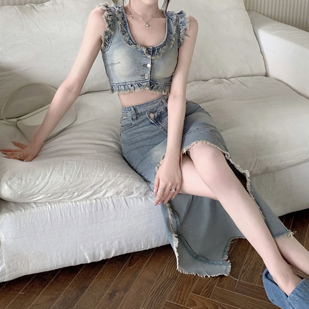 Shabby Frayed Denim Top High Waist Irregular Slit Skirt