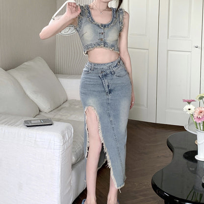 Shabby Frayed Denim Top High Waist Irregular Slit Skirt