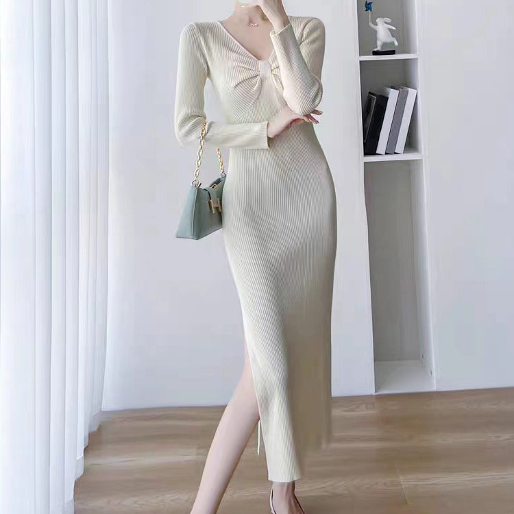 Bodycon Hip-Hugging Temperament Slit Knitted Dress