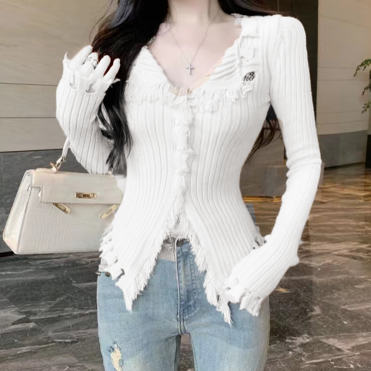 Tassel Knitted V-Neck Top Irregular Sweater Cardigan Coat