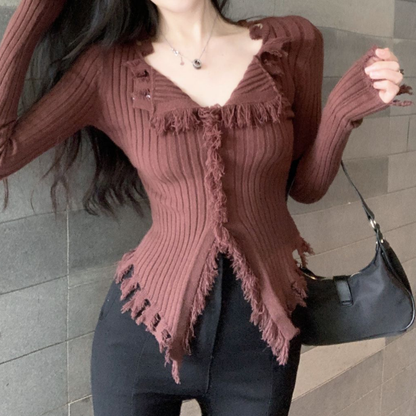 Tassel Knitted V-Neck Top Irregular Sweater Cardigan Coat