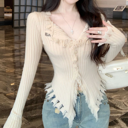 Tassel Knitted V-Neck Top Irregular Sweater Cardigan Coat