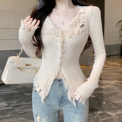 Tassel Knitted V-Neck Top Irregular Sweater Cardigan Coat