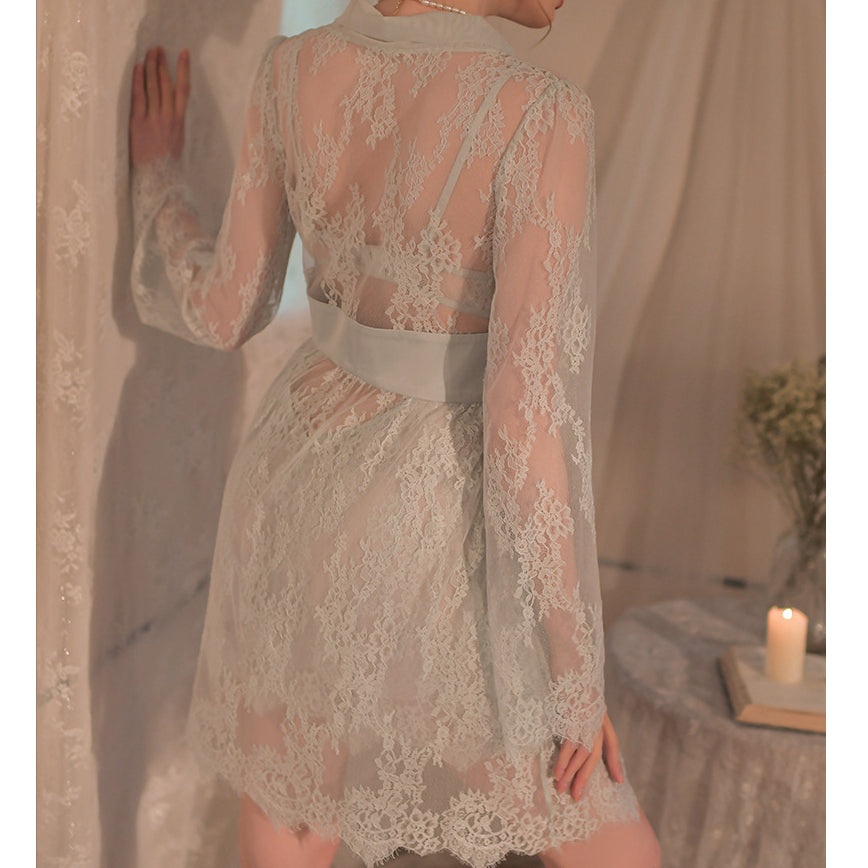 Solid Color Lace Low-Cut V-Neck Sexy Nightgown Set