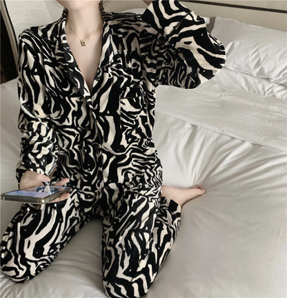 Velvet Sexy Zebra Print Cardigan Long Sleeve Lounge Wear Two Piece Set