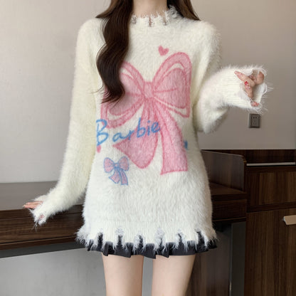 Bow Mohair Sweater Long Sleeve Knit Top