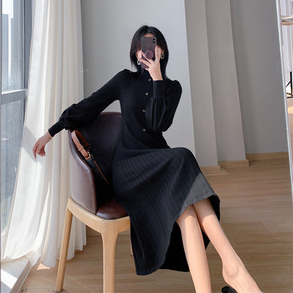 Half Turtleneck Lantern Sleeve Knit Dress