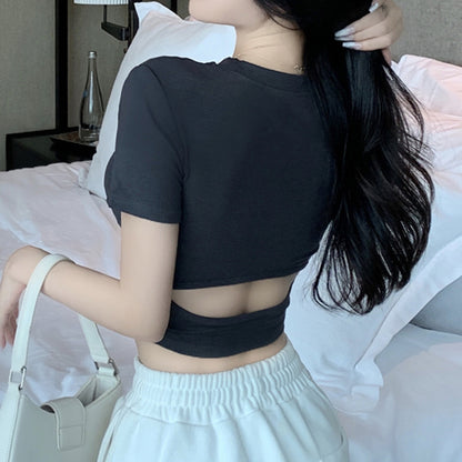 Shoulder Pad Short-Sleeved T-Shirt Backless Hollow Top