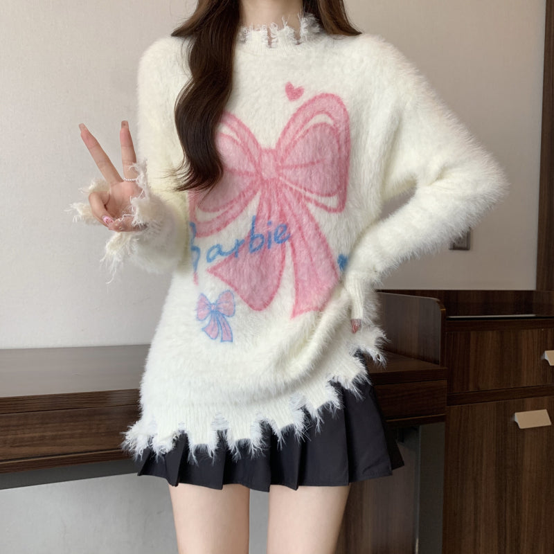 Bow Mohair Sweater Long Sleeve Knit Top