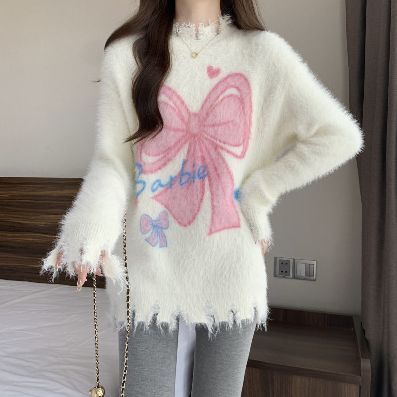 Bow Mohair Sweater Long Sleeve Knit Top