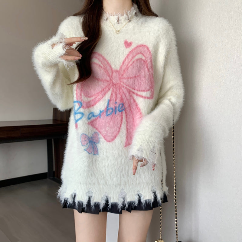 Bow Mohair Sweater Long Sleeve Knit Top